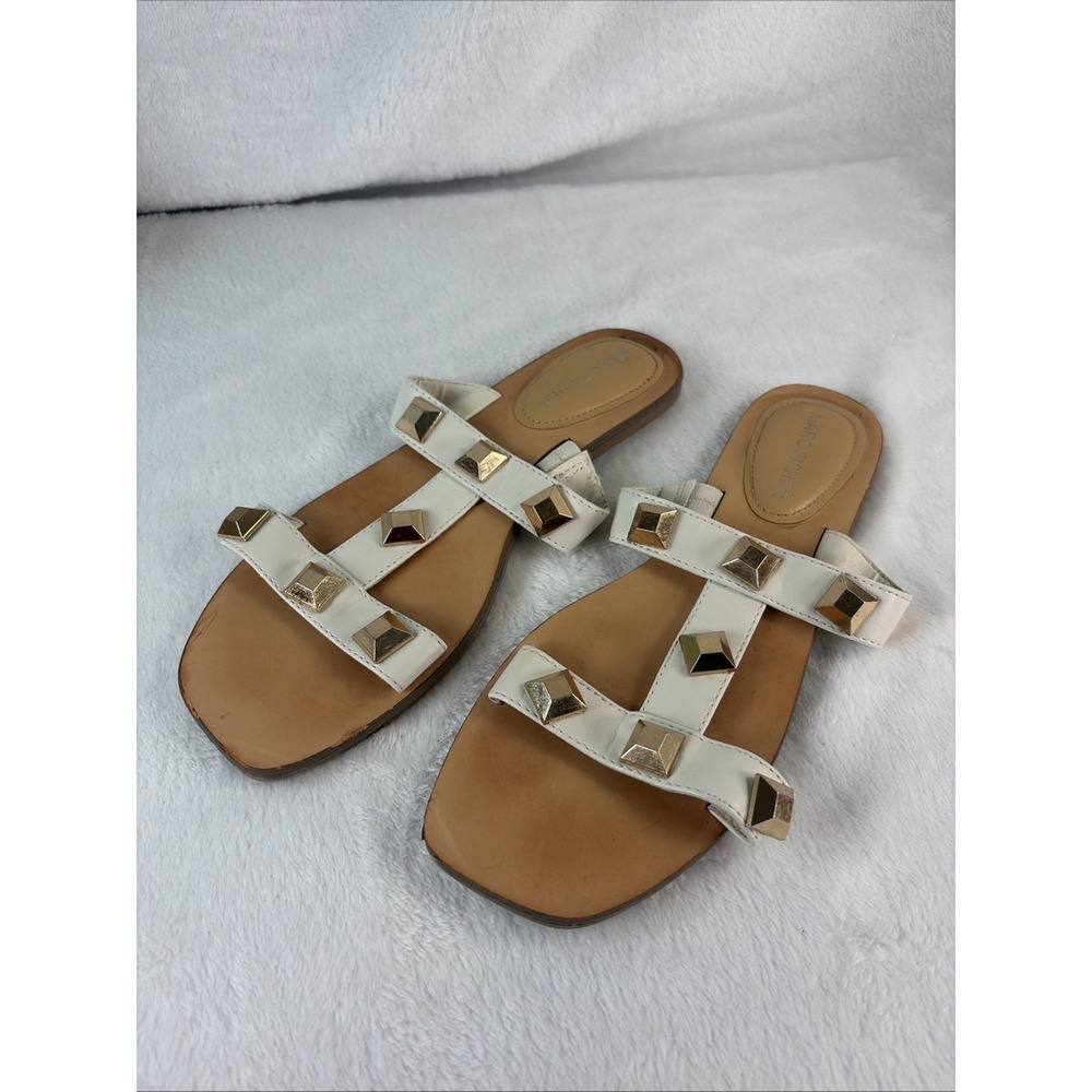 Marc Fisher Bonis Studded Slide Sandals White Gold T-Strap Flat Edgy Rock EUC